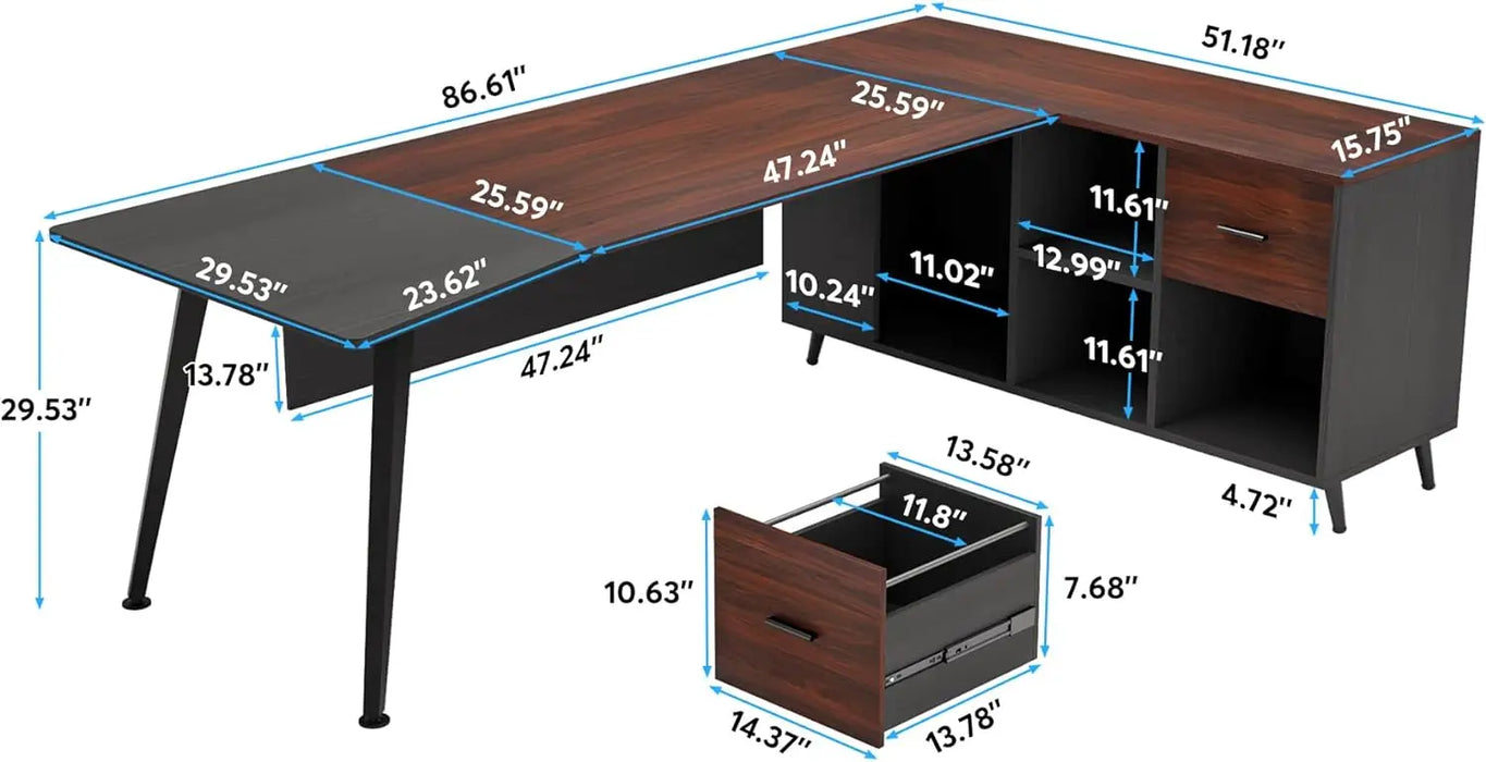 87” Extra Large Executive Desk with 51” File Cabinet,L-Shaped Office Desk with Drawer and Storage Shelves,Business Furniture Set