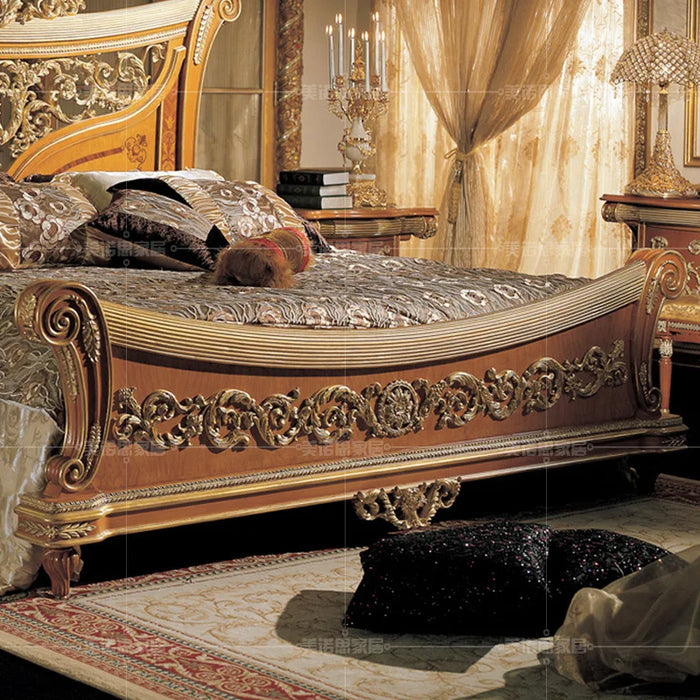 Custom European solid wood carved luxury gold double bed villa bedroom 1.8m princess bed