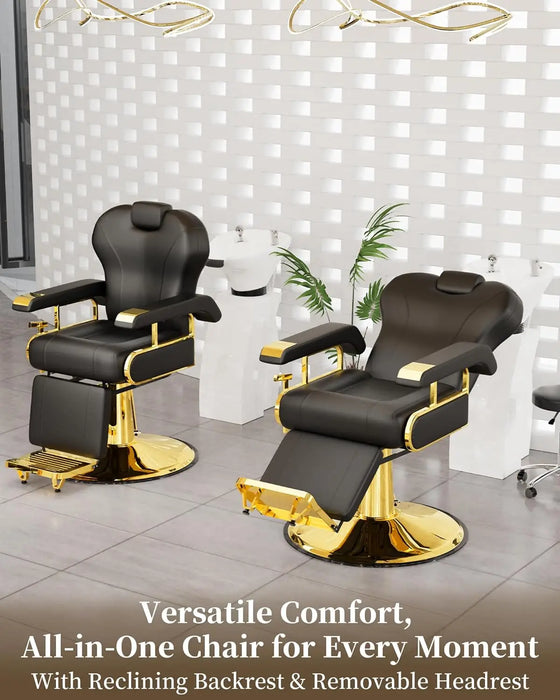 Professional Reclining Salon Chair with Adjustable Backrest Elegant Black Gold Barber Chair with Heavy Duty Steel Frame