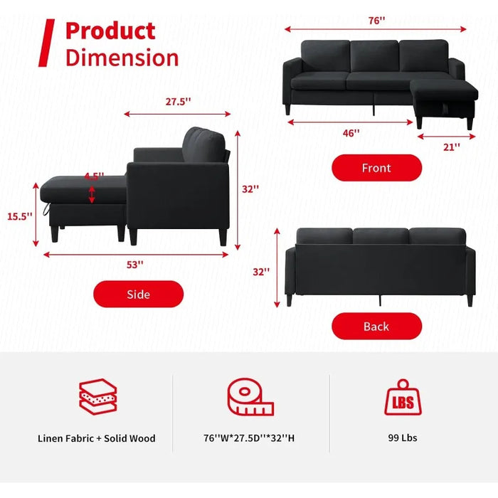 Sofa Couch, Convertible Sleeper Sofa with Storage Ottoman, 3 Seat Comfy Couch with Chaise Lounge, Modern L Shape Linen Couch