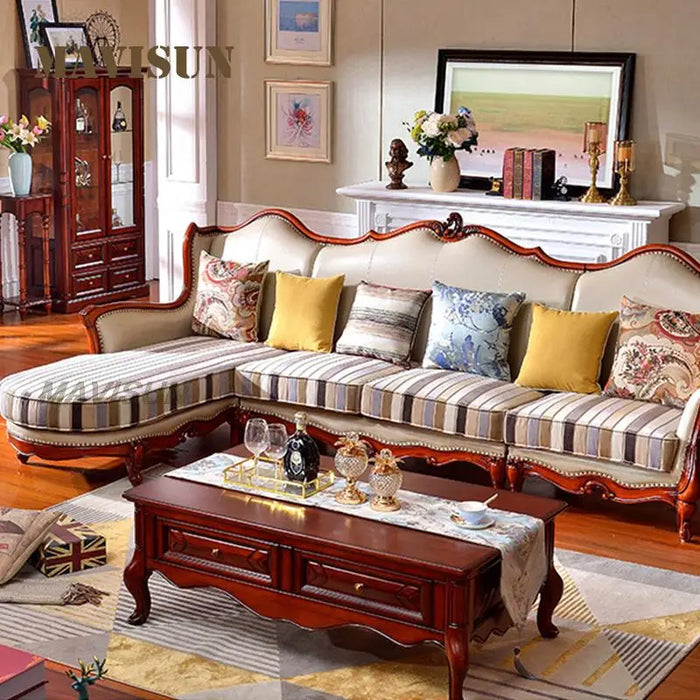 Living Room Reception Guests Sofa American Light Luxury Solid Wood Simulation Leather l-Shaped Simple Carved Furniture Sofa
