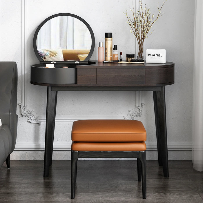 Elegant Vanity: Dressing Table and Stool Set. Ornate Makeup Table with Mirror, Rotating Drawers, and Concealable Mirrors