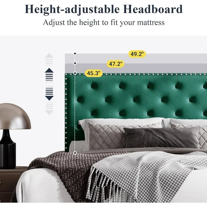 Bed, velvet padded platform bed with adjustable diamond button tufting and nail head decoration headboard, king size bed frame