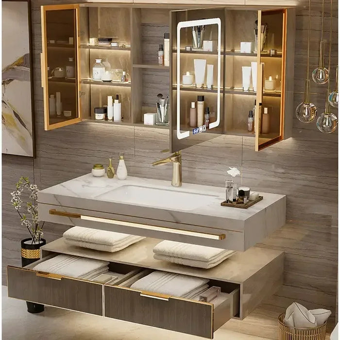 2024 Stock Modern Slate Bathroom Cabinet with Smart Mirror Ceramic Double Washbasin Bathroom Vanity Cabinets Under Sink