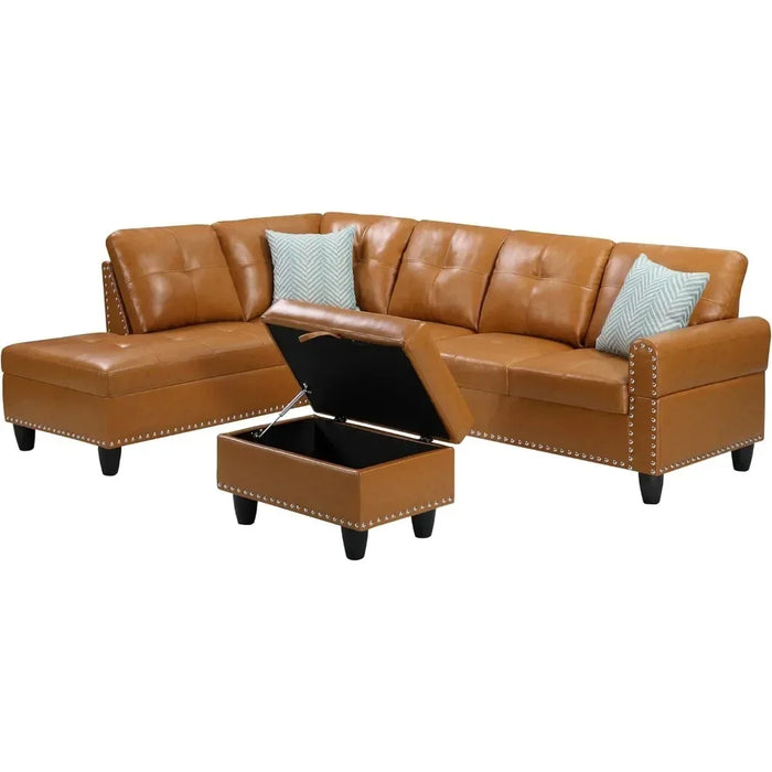 3-Piece Modular R Recliner, L-Shaped Sofa with 2 Cup Holder and Storage Ottoman for Living Room Furniture, Ginger Right