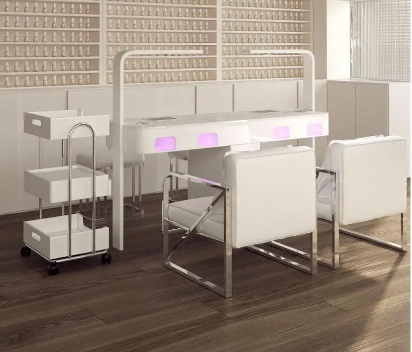 A manicure table and chair set with a second-generation vacuum cleaner and red light grill
