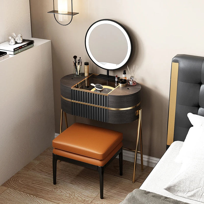 Dressing table,storage dressing table makeup stool set, super storage, LED light makeup mirror, smoky black matte color