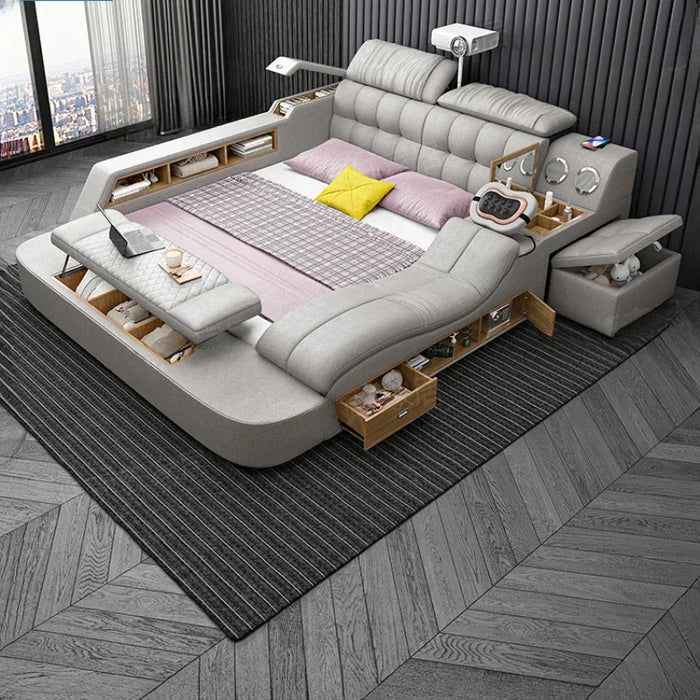 Nordic Smart Aesthetic Double Bed Master Storage Luxury White Double Bed Multifunctional Leather Camas Matrimonial Furniture