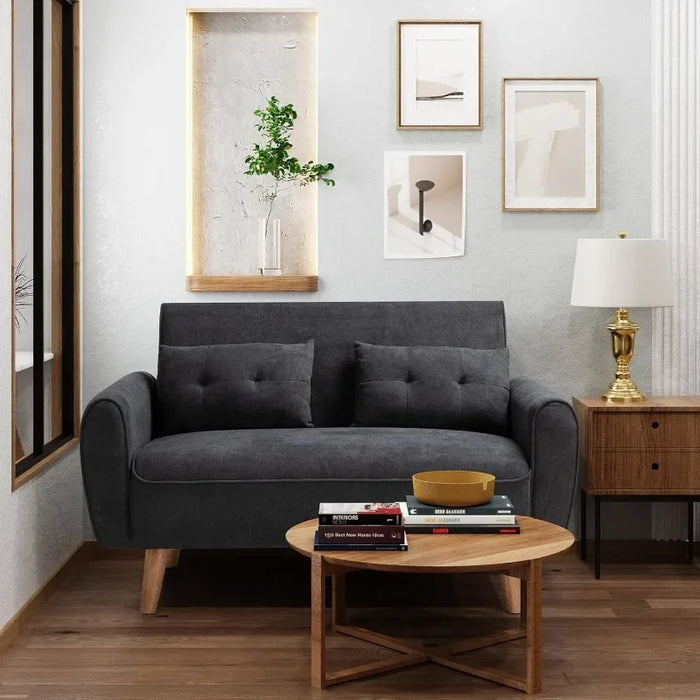 Shintenchi Small Modern Loveseat Couch Sofa, Mid Century Fabric Upholstered 2-Seat Sofa Apartment with 2 Pillows,Black