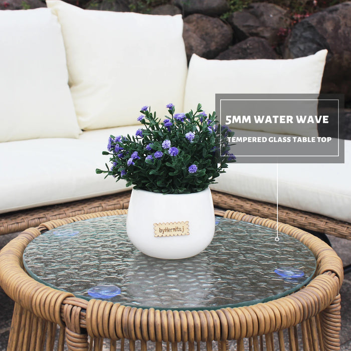 6PCS Patio Furniture Set Outdoor Balcony Natural Color Wicker Sofa Chair Set with Beige Cushion,Round Tempered Glass Table