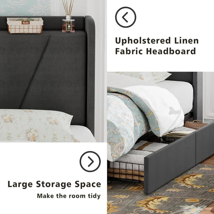 King Bed Frame and Upholstered Headboard, Platform Bed with Storage Drawers and Outlets, Sturdy, Noiseless, No Box Spring Needed