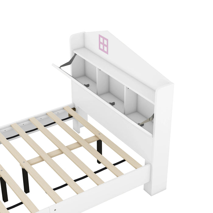 [Flash Sale]Full/Twin Size Wooden House Bed with Storage Headboard Kids Bed with Storage Shelf Grey/White[US-W]