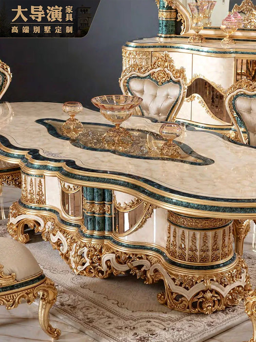 Furniture Wood Carved Dining Table Fabric Dining Chair Combination