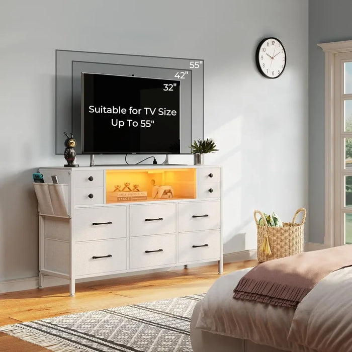 10 Drawers Dresser With Side Pocket Dressing Table Fabric Chest of Drawers With PU Finish Dressers for Bedroom Furniture White