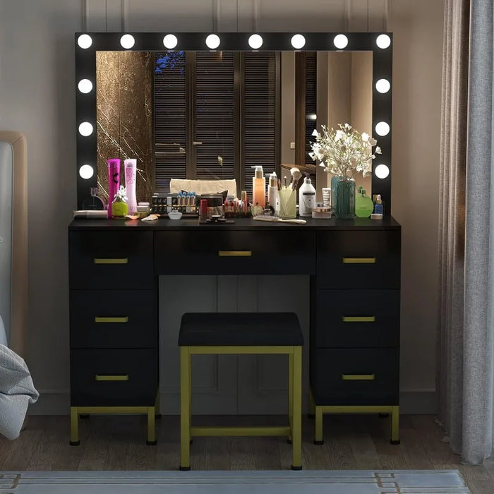 Vanity Set with Lighted Mirror, 44'' Makeup Dressing Table, Vanity Desk Black Vanity with Cushioned Stool & 7 Drawers