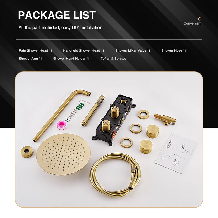 Bathroom Shower System Set Brushed Gold Hot Cold Faucet Bath Mixer Tap Brass Diverter Handheld Rainfall Head Ceiling Arm Kit