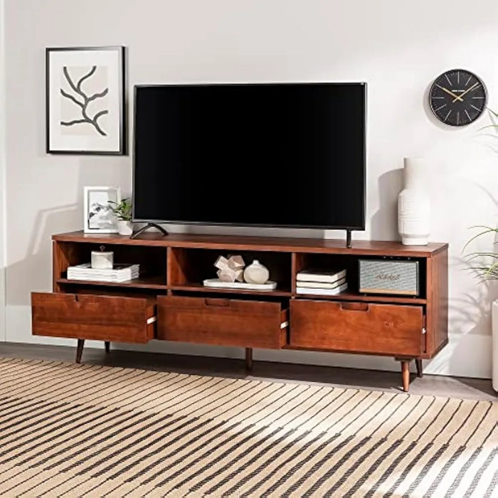 Walker Edison Millie Mid Century Modern 3 Drawer Solid Wood Low Stand for TVs up to 80 Inches, 70 Inch, Walnut