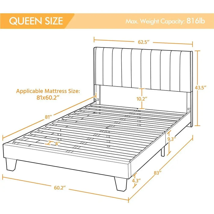 Classic Upholstered Bed Frame Mattress Foundation with Wing Edge Headboard Queen