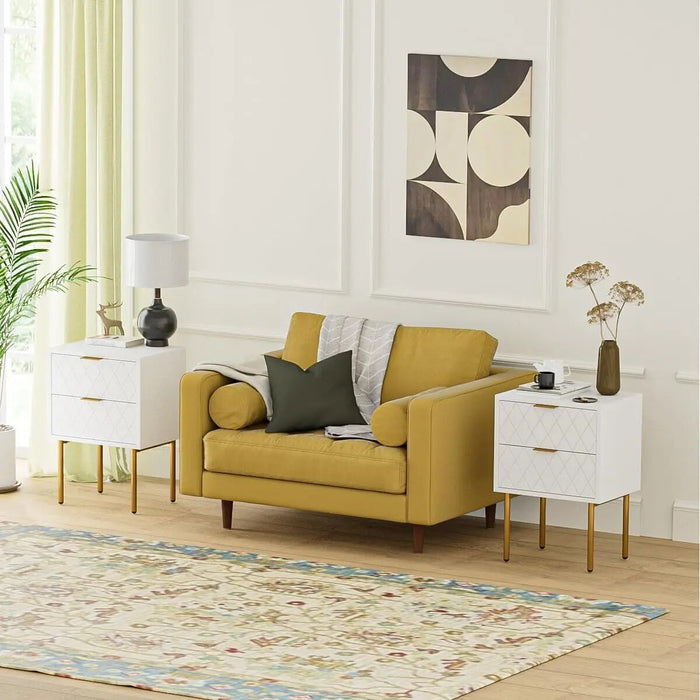 2 Drawer Dresser for Bedroom, Small Side Table with 2 Drawers, Bedside Furniture, Night Stand, End Table with Gold Frame for Bed