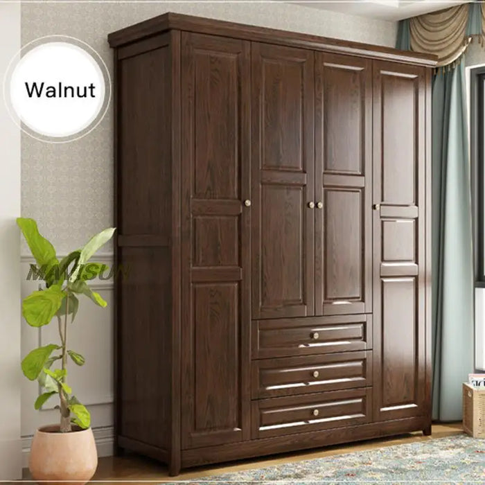 American Solid Wood Simple Bedroom Cupboard Cloakroom White Wardrobe Four-Door Large Closet Storage Cabinet Modular Shelves