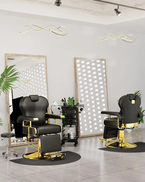 Professional Reclining Salon Chair with Adjustable Backrest Elegant Black Gold Barber Chair with Heavy Duty Steel Frame