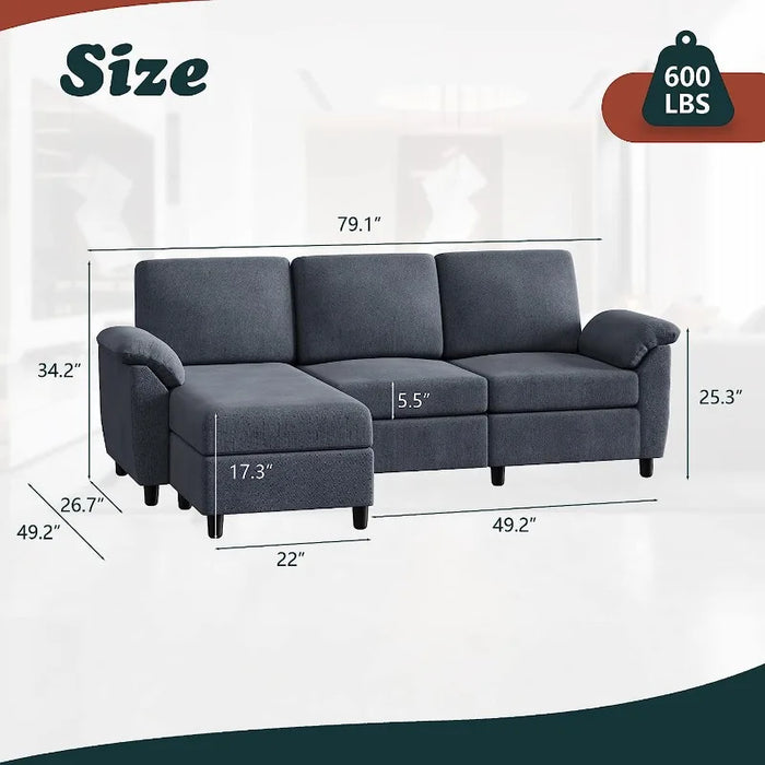 Convertible Sectional Sofa Couch,3 Seat L Shaped Sofa with Removable Pillows Linen Fabric Small Couch Mid Century for Living Roo