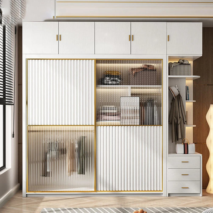 Solid wood multi-layer board, long rainbow glass sliding door, sliding wardrobe, simple modern household bedroom, large cabinet
