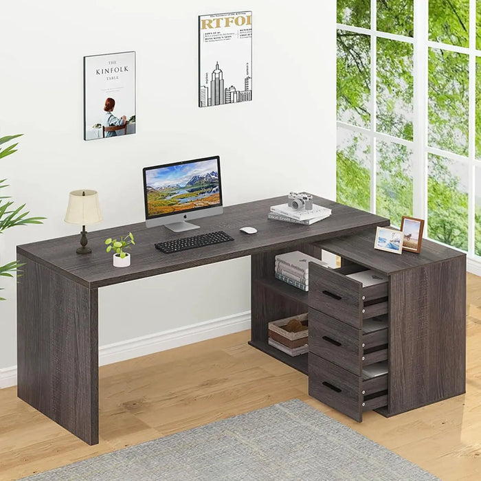 HSH L Shaped Computer Desk with Drawers, L Shaped Desk with Storage Cabinet Shelves, Large Reversible Corner Executive Home Offi