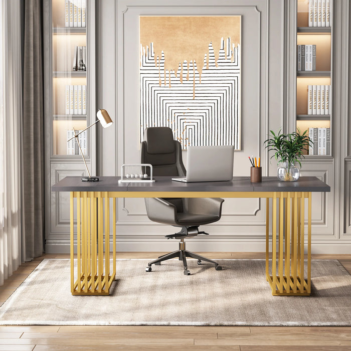 Tribesigns 70.9" Modern Executive Desk, Wood Office Desk, Grey Simple Computer Desk with Gold Metal Legs