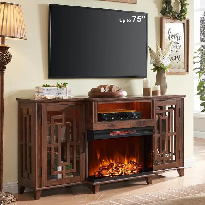3-Sided Glass Fireplace TV Stand for 75 Inch TV w/LED Light, Farmhouse Highboy Entertainment Center with 26in Electric Fireplace