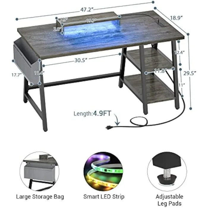 47'' Desk with Storage Shelves, Gaming Desk with Moveable Monitor Stand and Storage Bag for Home Office Workstation, Grey