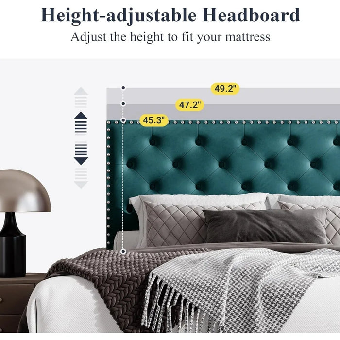 King size bed frame, velvet padded platform bed with adjustable diamond button tufting and nail head decoration headboard, bed