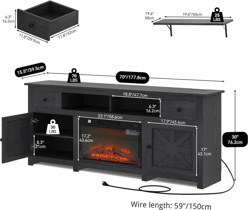 70 Inch TV Stand with Fireplace for up to 80 Inch TVs, Floating Shelf Entertainment Center for Living Room, Farmhouse TV Cabinet
