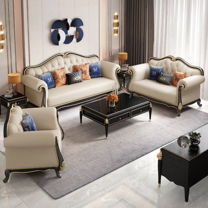 American high quality leather sofa combination light luxury style European solid wood carving sofa villa furniture