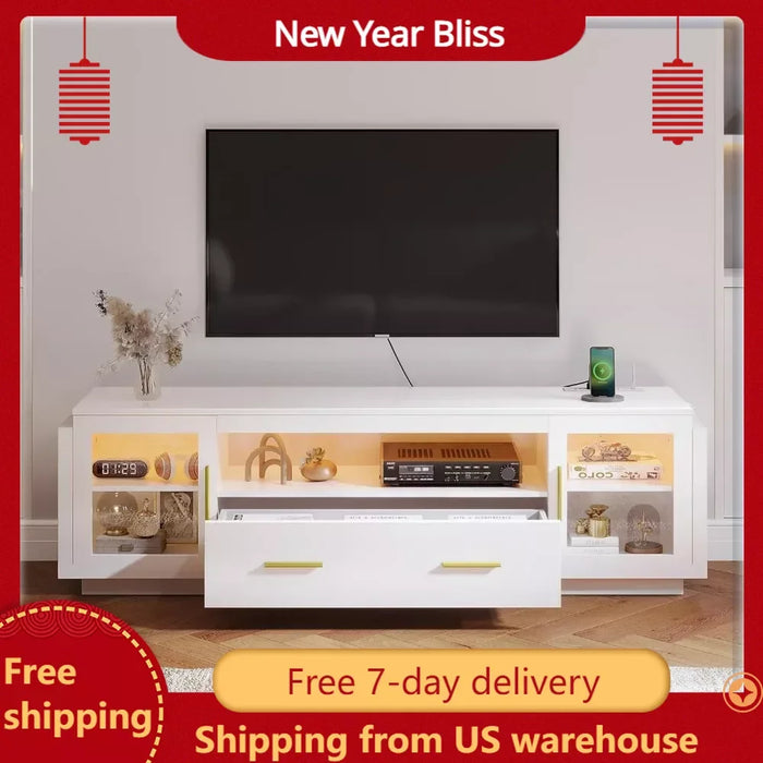 TV cabinet with LED power outlets, media console table with storage drawers and cabinets, 400-pound living room, white and gold