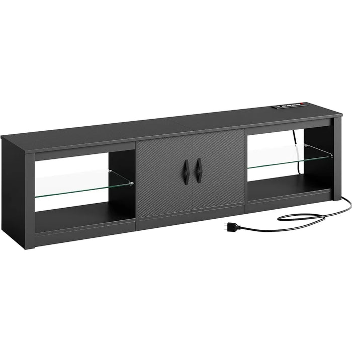 Adjustable Glass Shelves Two Cabinets for 75inch Led TV Stand Modes Modern LED Corner Console Living Room Black Display Cabinet
