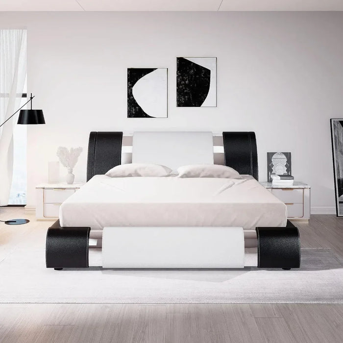 Bed frame, faux leather padded table bed with adjustable headboard, supported by wooden boards, oversized bed frame
