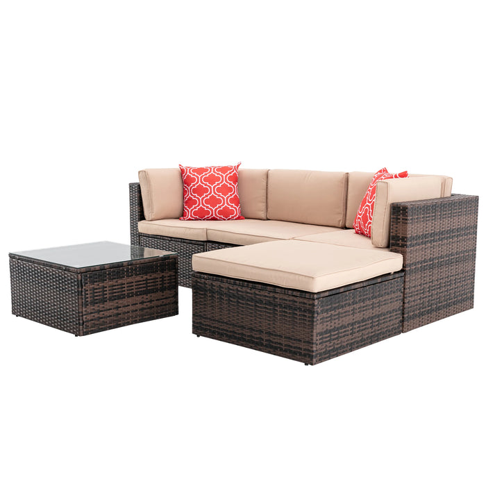 5Pc Patio Furniture Set Outdoor Garden Patio Furniture PE Rattan Wicker Sectional Cushioned Sofa Sets with 2 Pillows and Coffee