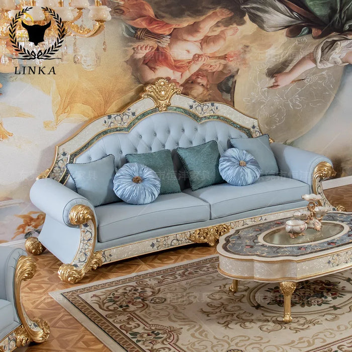 French  Luxury Shell Mosaic  and Tea Table Combination European Fabric Solid Wood Carved Sofa  FurnitureCloth art embroidery
