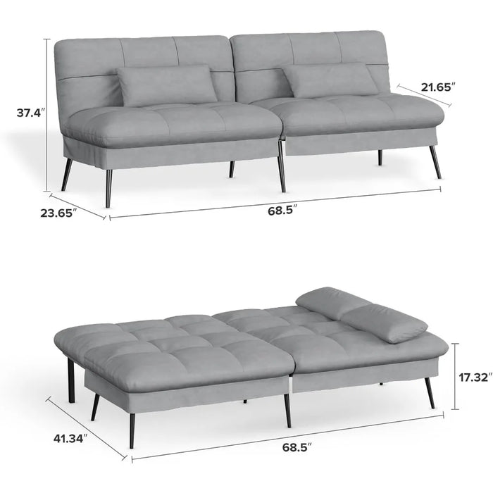Convertible Futon Sofa Bed, 68" Fabric Futon Sofa with Adjustable Backrest for Living Room Furniture (Grey)
