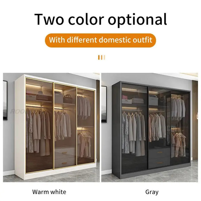 Luxury Wood Closets Italian Clothes Cabinet With LED Light And Storage Drawers Transparent Glass Sliding Door Bedroom Wardrobes
