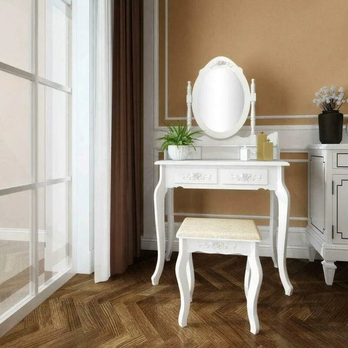 White Vanity Jewelry Makeup Dressing Table Set W/Stool 4 Drawer Mirror Wood Desk,Dressers for  Bedroom Furniture