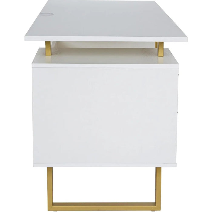 Storage Drawers and Cabinet 51.25” W-Modern Office Large Floating Desktop Surface Desk White/Gold Freight Free Computer Table