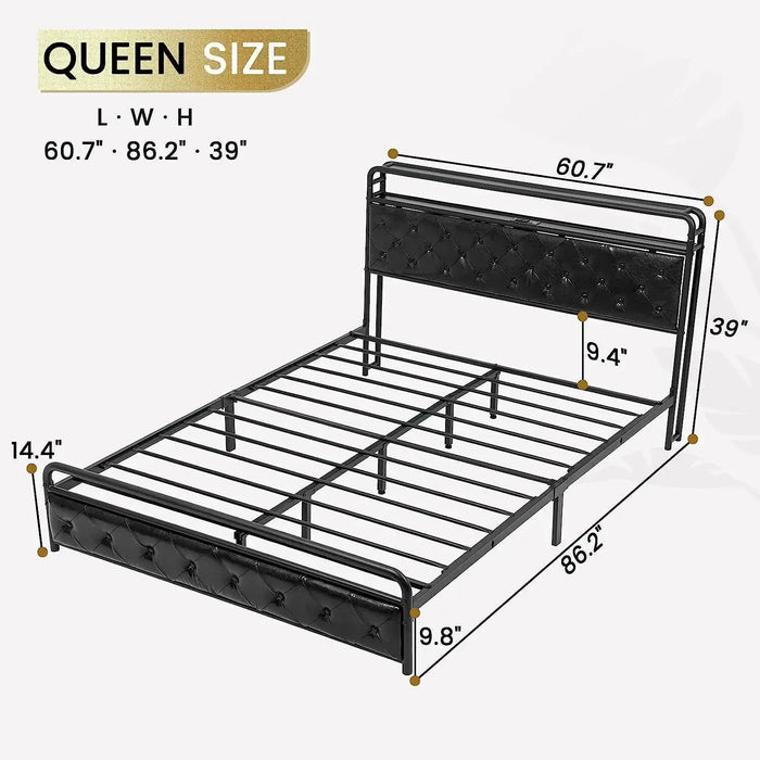 Bed Frame with Faux Leather Headboard Platform Bed, Black