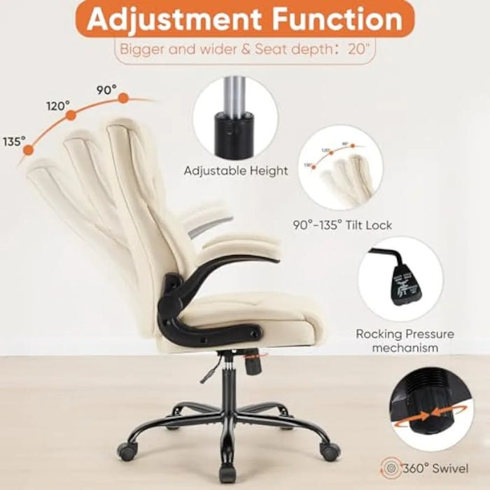 Office Chair Cream Ergonomic High Back Heavy Duty Task Chair With Flip-up Arms PU Leather Free Shipping Chairs Swivel Furniture