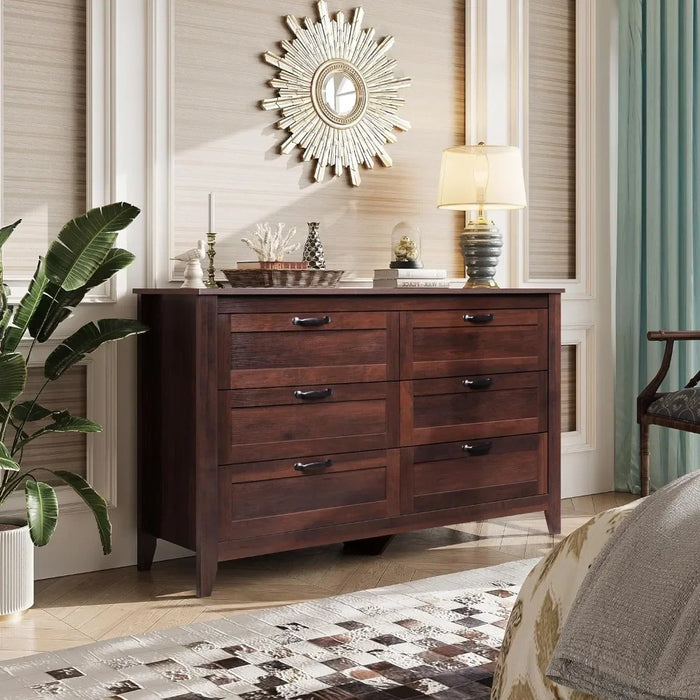 Dresser Bedroom with Metal Handle, Sturdy Frame Bedroom Furniture, Chest of 6 Drawers Large Storage Cabinet Dresser