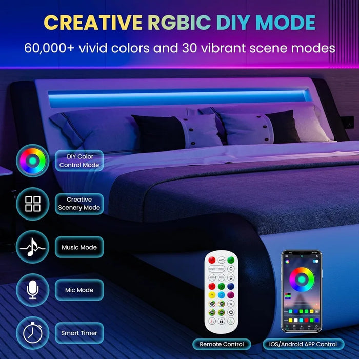 LED extra large luxury padded bed frame with adjustable headboard - slim sled design, wooden support, no need for spring box