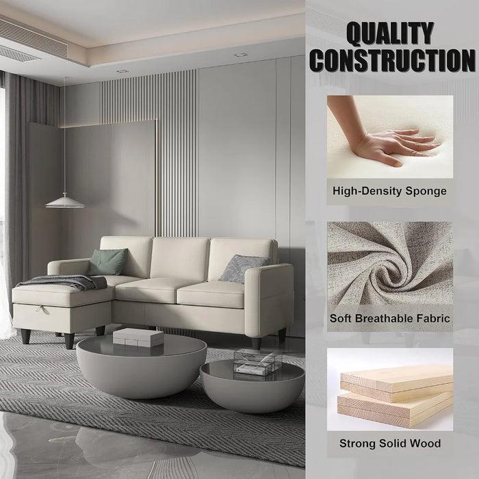 Beige Convertible L Shaped Modular Modern Linen 3 Seater Sofa Sofa Furniture Set with Storage Footstool