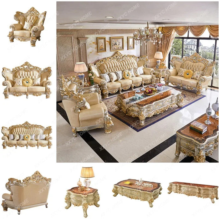 Sofa Leather Solid Wood High-End Villa Living Room Set Solid Wood Carved Large Apartment