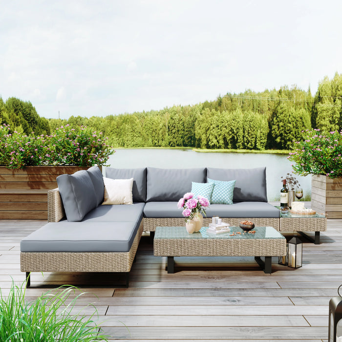 3-piece Outdoor Wicker Sofa Patio Furniture Set, L-shaped Corner Sofa, Water And UV Protected Two Glass Table Adjustable Feet